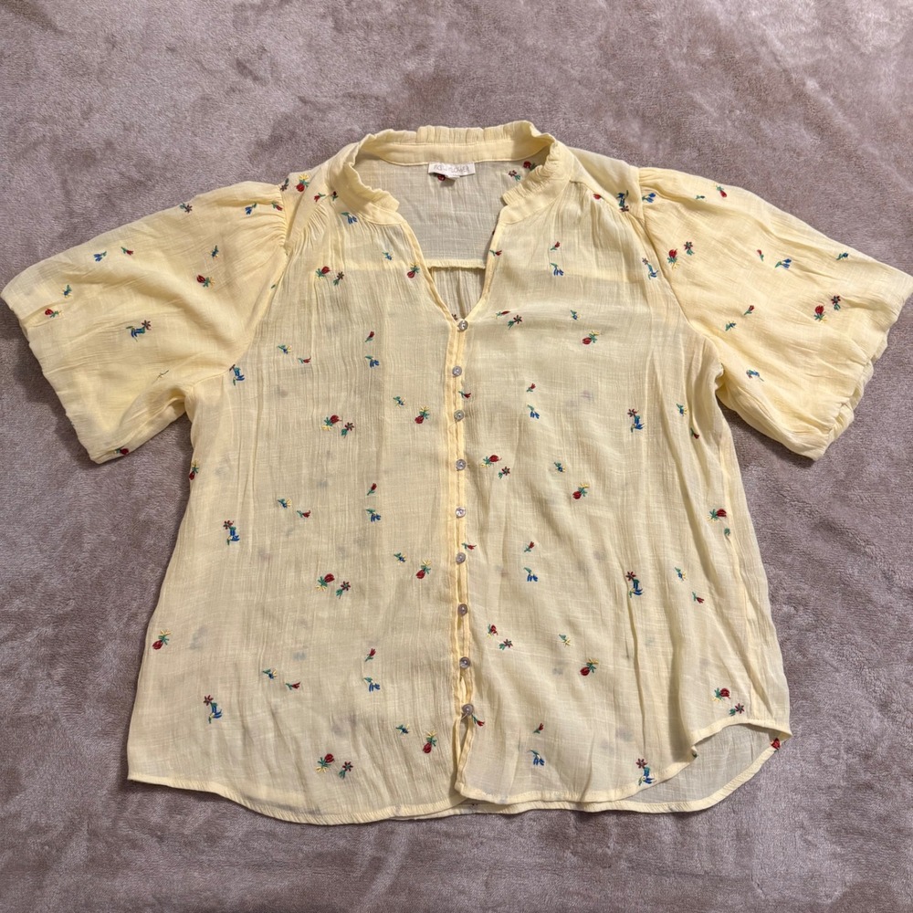 Fig + Flower Yellow Floral Embroidered Button Down Blouse Top 2X Cottagecore